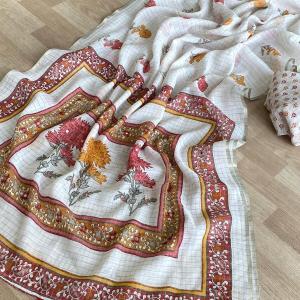 Symmetrical Off White Printed Linen Silk Saree With Luxuriant Blouse Piece