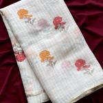 Symmetrical Off White Printed Linen Silk Saree With Luxuriant Blouse Piece