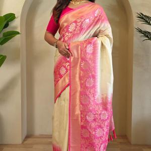 Enamoring Beige Soft Banarasi Silk Saree With Glowing Blouse Piece