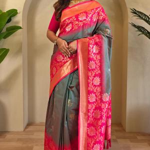 Exceptional Grey Soft Banarasi Silk Saree With Gratifying Blouse Piece