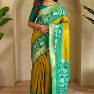 Flaunt Mustard Soft Banarasi Silk Saree With Inimitable Blouse Piece