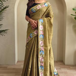 Vivacious Green Embroidery Work Tussar Silk Saree With Improbable Blouse Piece