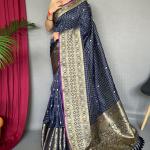 Fugacious Navy Blue Soft Banarasi Silk Saree With Ailurophile Blouse Piece