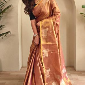 Lagniappe Brown Soft Banarasi Tissue Silk Saree With Dalliance Blouse Piece