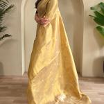 Rhapsody Dark Beige Soft Banarasi Tissue Silk Saree With Ethnic Blouse Piece