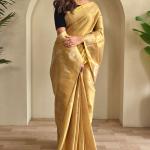 Rhapsody Dark Beige Soft Banarasi Tissue Silk Saree With Ethnic Blouse Piece