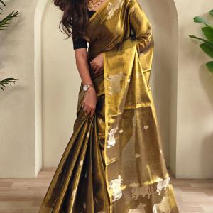 Forbearance Golden Soft Banarasi Tissue Silk Saree With Elegant Blouse Piece