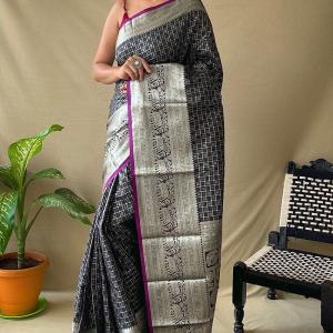 Elision Black Soft Banarasi Silk Saree With Excellent Blouse Piece