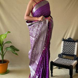 Tempting Purple Soft Banarasi Silk Saree With Engaging Blouse Piece