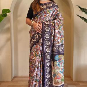 Incredible Lavender Kalamkari Printed Saree With Enamoring Blouse Piece