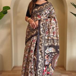 Scrumptious Off White Kalamkari Printed Saree With Scintillating Blouse Piece