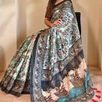 Nectarous Sky Kalamkari Printed Saree With Incomparable Blouse Piece
