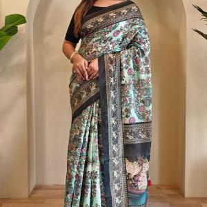 Nectarous Sky Kalamkari Printed Saree With Incomparable Blouse Piece