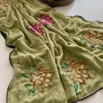 Fantabulous Green Handwork Crush Chiffon Silk Saree With Devastating Blouse Piece