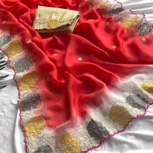Resplendent Red Embroidery Work Organza Silk Saree With Susurrous Blouse Piece