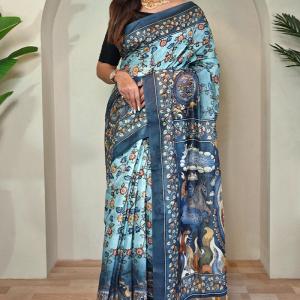 Glamorous Sky Kalamkari Printed Saree With Dulcet Blouse Piece