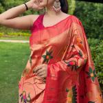Exemplary Red Paithani Silk Saree With Staring Blouse Piece