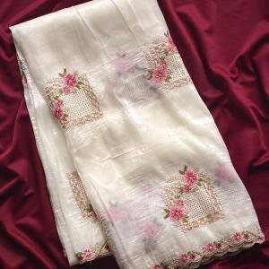 Wonderful Off White Embroidery Work Crush Silk Saree With Inspiring Blouse Piece