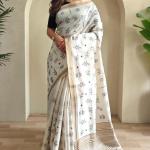 Glorious Off White Embroidery Work Tussar Silk Saree With Inspiring Blouse Piece