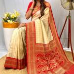 Trendy Beige Soft Banarasi Silk Saree With Classy Blouse Piece