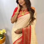 Trendy Beige Soft Banarasi Silk Saree With Classy Blouse Piece