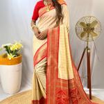 Trendy Beige Soft Banarasi Silk Saree With Classy Blouse Piece
