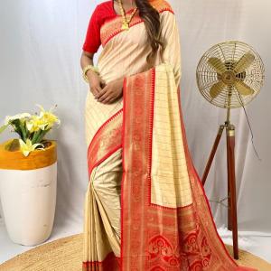 Trendy Beige Soft Banarasi Silk Saree With Classy Blouse Piece