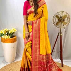 Enthralling Yellow Soft Banarasi Silk Saree With Aplomb Blouse Piece
