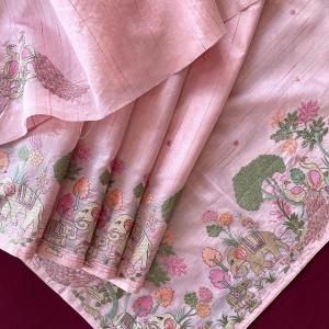 Unequalled Baby Pink Embroidery Work Tussar Silk Saree With Dalliance Blouse Piece