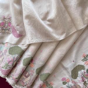 Woebegone Beige Embroidery Work Tussar Silk Saree With Unequalled Blouse Piece