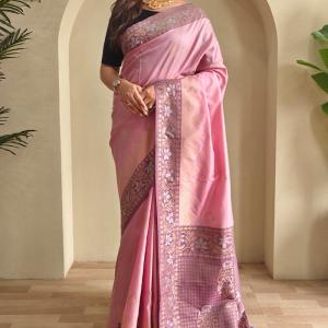 Stunning Baby Pink Soft Banarasi Silk Saree With Precious Blouse Piece