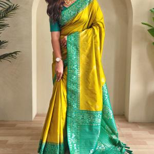 Petrichor Mustard Soft Banarasi Silk Saree With Woebegone Blouse Piece