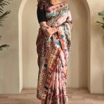 Girlish Baby Pink Soft Silk Kalamkari Printed Saree With Murmurous Blouse Piece