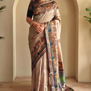 Lissome Dark Beige Soft Silk Kalamkari Printed Saree With Engrossing Blouse Piece