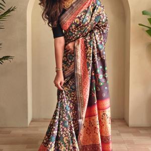 Ineffable Wine Soft Silk Kalamkari Printed Saree With Vibrant Blouse Piece