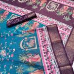 Elegant Printed Art Silk Saree with Cultural Motif & Scenic Border Design