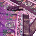 Elegant Printed Art Silk Saree with Cultural Motif & Scenic Border Design