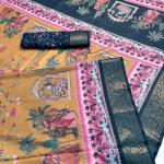 Elegant Printed Art Silk Saree with Cultural Motif & Scenic Border Design