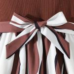 Girls Brown Ribbed Party Dress with Printed Flared Skirt