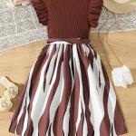 Girls Chocolate Brown Ribbed Dress with Striped A-Line Skirt & Waist Bow